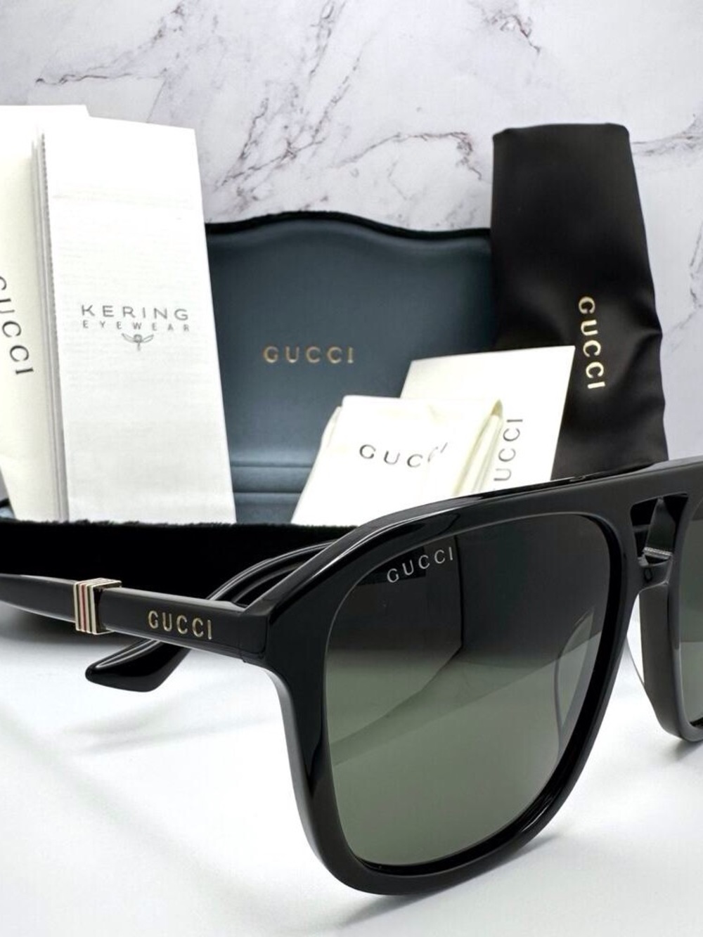 New GUCCI Sunglasses Black Aviator Pilot Gold Logo Metal Red Green Web Gucci